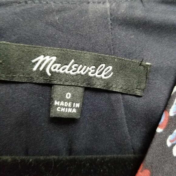 Madewell Dress Womens 0 Navy Blue Floral 100% Silk Ruffle Waist V Neck - Picture 4 of 15